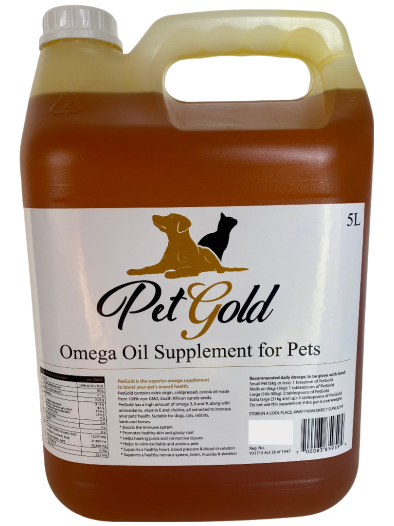 Pet Gold Omega Oil Supplement for Pets 5L on black background  