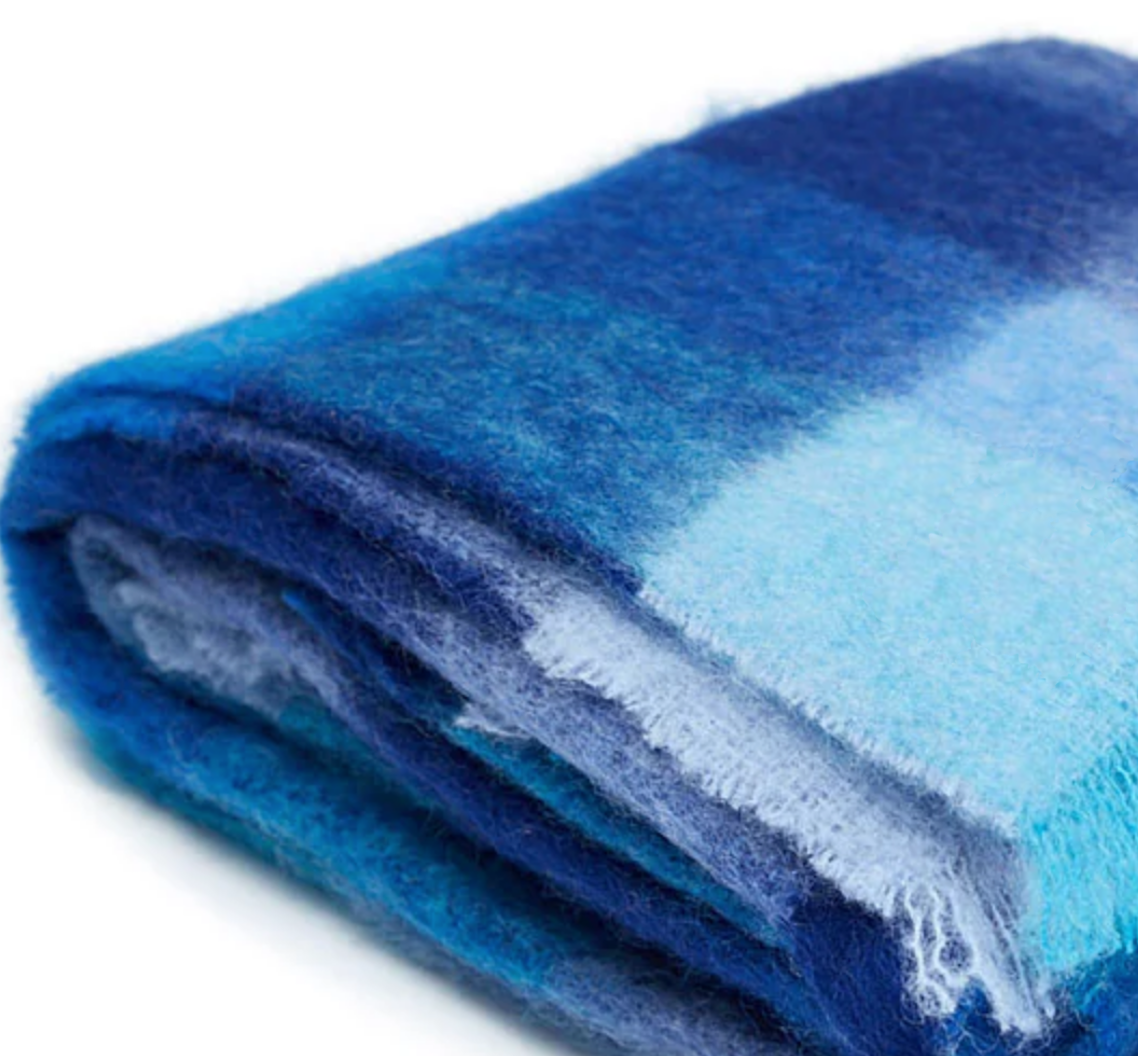 Luxurious Ingubo Mohair Wool Blanket Throw 180x130cm - Checkered Blues