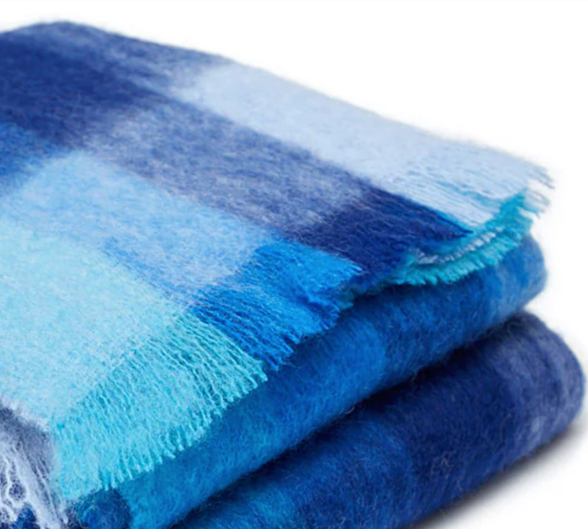 Luxurious Ingubo Mohair Wool Blanket Throw 180x130cm - Checkered Blues