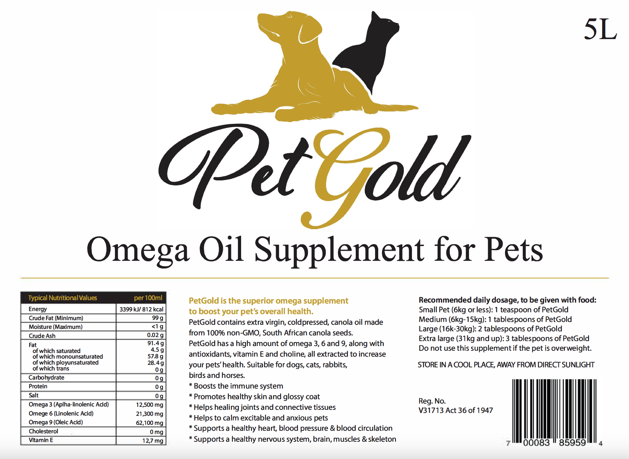 Pet Gold Omega Oil Supplement for Pets 5L
